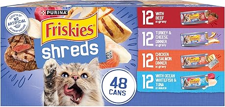 Purina Friskies Wet Cat Food Variety Pack, Shreds With Beef, Turkey and Cheese Dinner, Chicken and Salmon Dinner, and With Ocean Whitefish and Tuna - 48 ct. Can (One Size)