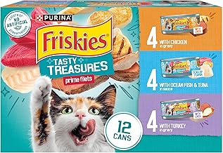 Purina Friskies Wet Cat Food Variety Pack, Tasty Treasures Prime Filets (With Ocean Fish and Tuna, With Chicken and With Turkey) - 5.5 Ounce (Pack of 12) (One Size)