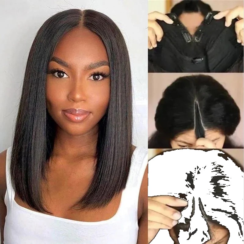 QVR Straight V Part Short Bob Human Hair Wig