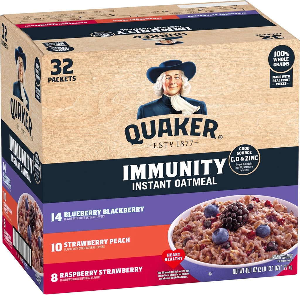 Quaker Immunity Instant Oatmeal, 3 Flavor Variety Pack, Good Source of Vitamins C, D, & Zinc, Whole Grains, No Artificial Flavors, No Colors from Artificial Sources, 1.41 oz Packets, (32 Pack) (One Size)
