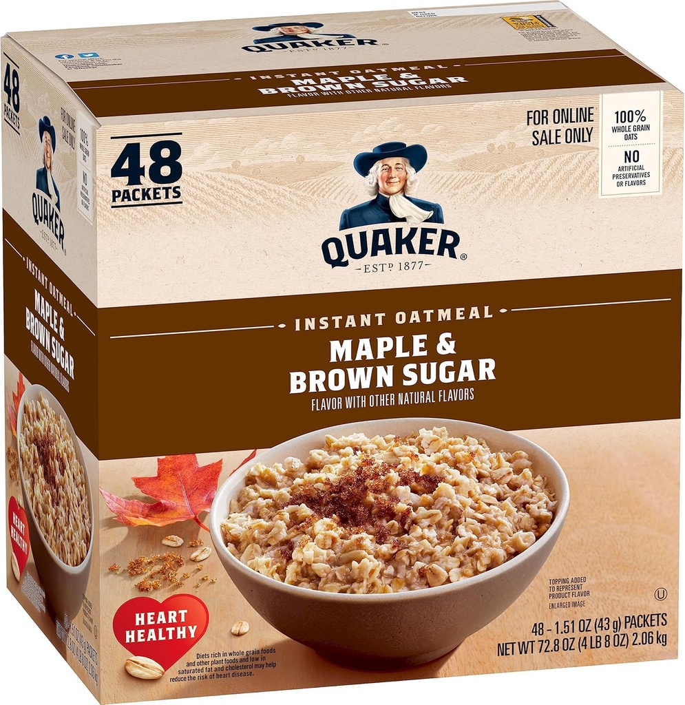 Quaker Instant Oatmeal, Maple & Brown Sugar, Individual Packets, 1.51 Ounce (Pack of 48) (One Size)
