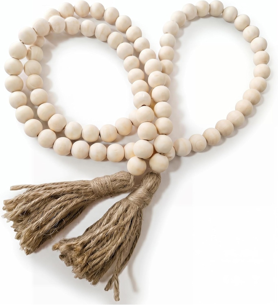 RGB World Farmhouse Beads Long Length Solid Wood Bead Boho Tassel Garland - Rustic Country Solid Beaded Boho Chic Decor for Wall, Above Cabinet & Table (One Size)