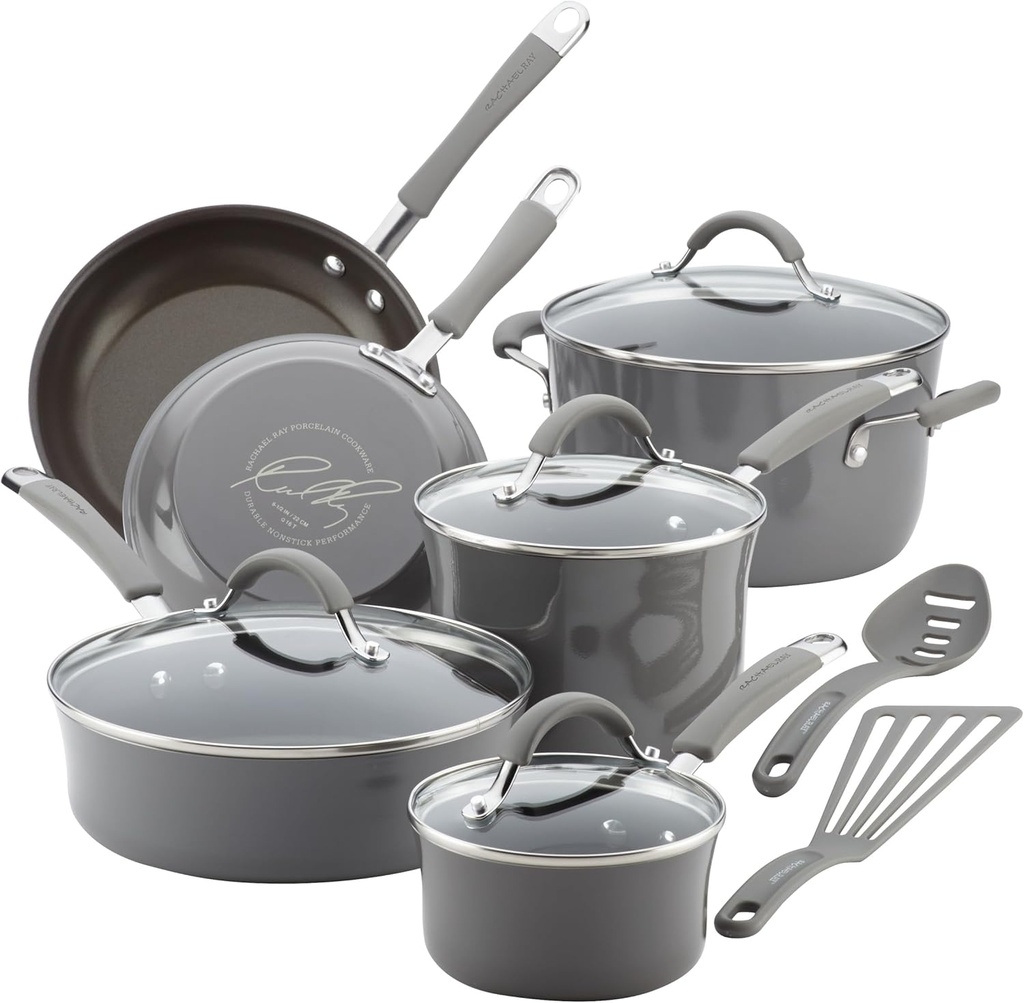 Rachael Ray - 16802 Rachael Ray Cucina Nonstick Cookware Pots and Pans Set, 12 Piece, Sea Salt Gray (One Size)