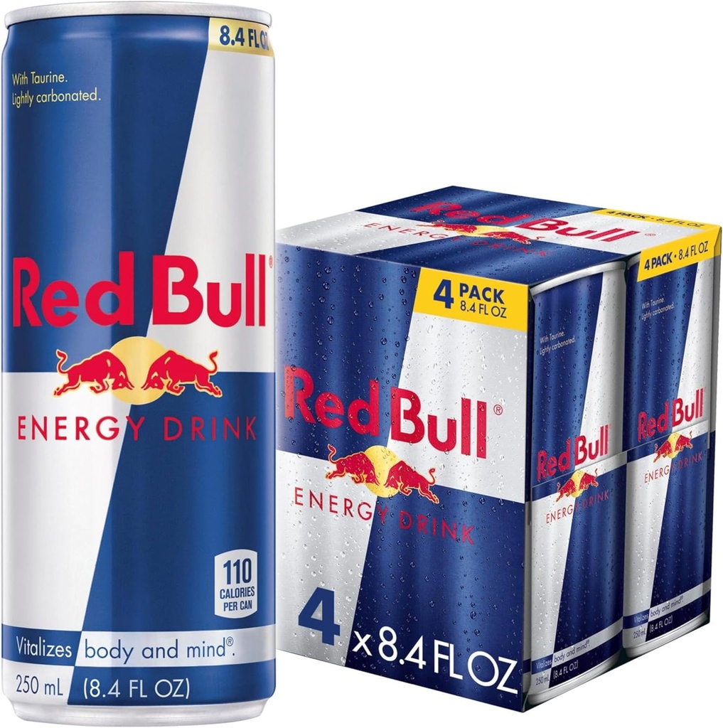 Red Bull Energy Drink with 80mg Caffeine plus Taurine & B Vitamins, 8.4 Fl Oz, Pack of 4 Cans (One Size)