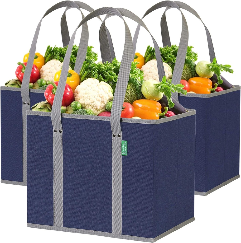 hand bag reusable grocery bags 3 pack heavy duty reusable shopping bags with box shape to stand up stay open fold flat large tote bags are foldable with long handles hard bottom navy blue (One Size)