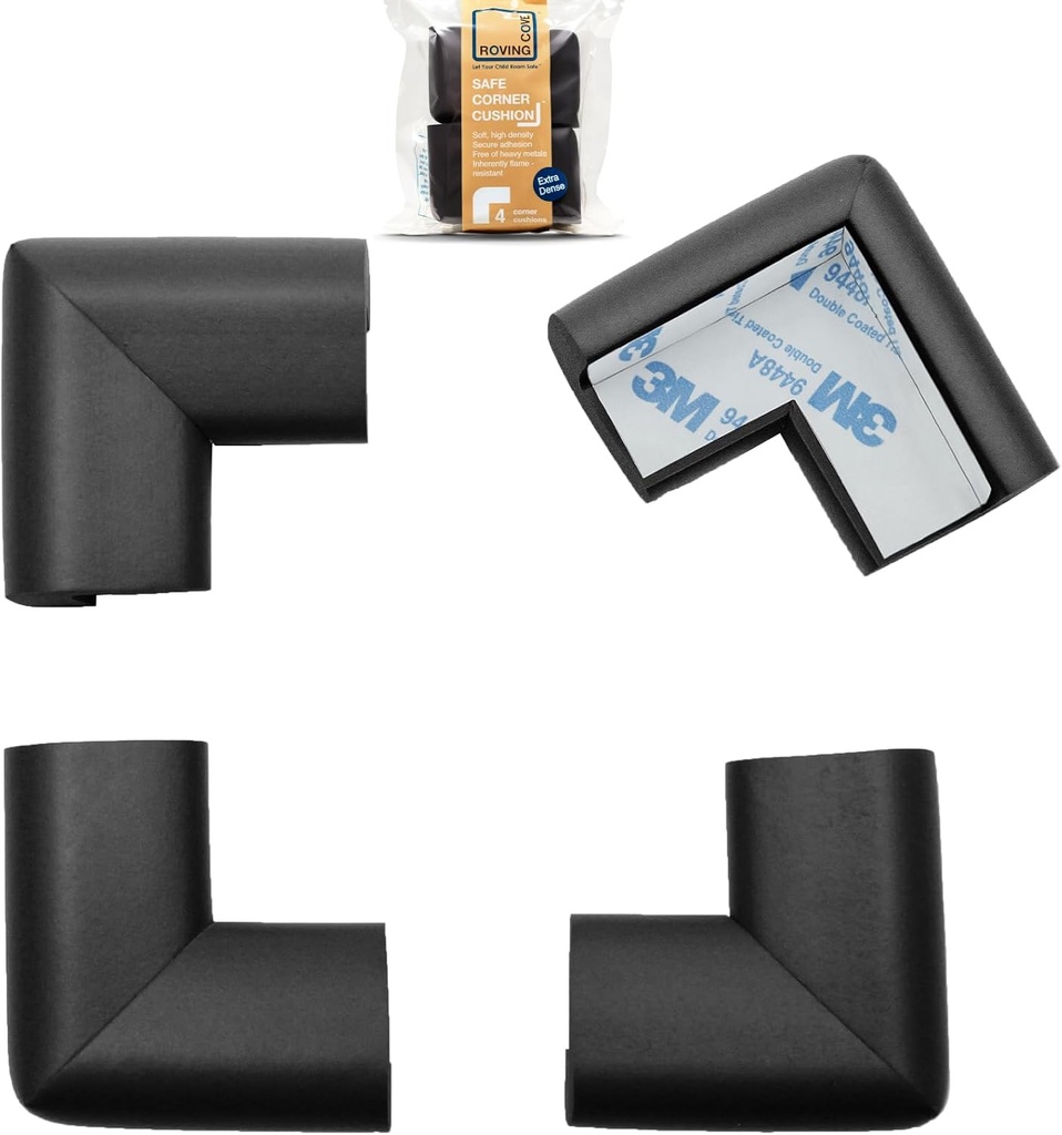 Roving Cove HeftyFit Corner Protector for Baby (4 Large Corners), Heavy-Duty Soft Rubber Foam Furniture Corner Bumper Guards, 3M Adhesive Pre-Taped, Onyx Black (One Size)