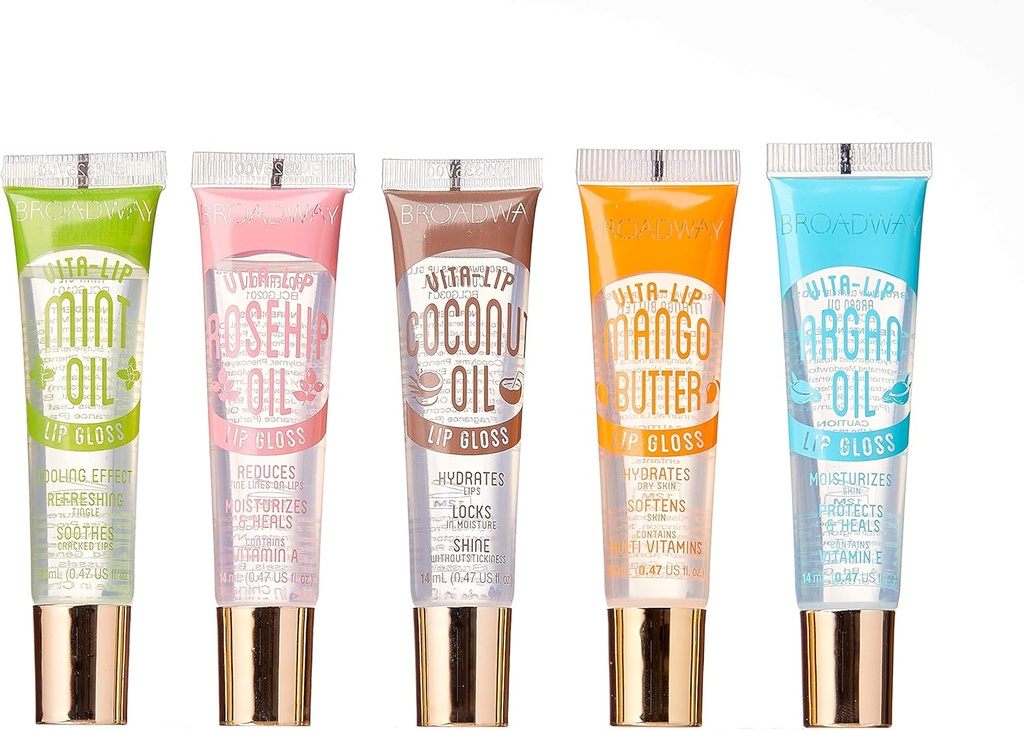 Ruby Kisses Broadway Vita-Lip Clear Lip Gloss (5 Pack Mint, Rosehip, Coconut, Argan Oil, Mango Butter), Ultra-Hydrating & Soothing Formula with Vitamin Oils, High-Shine Non-Sticky Finish Lip Balm (One Size)