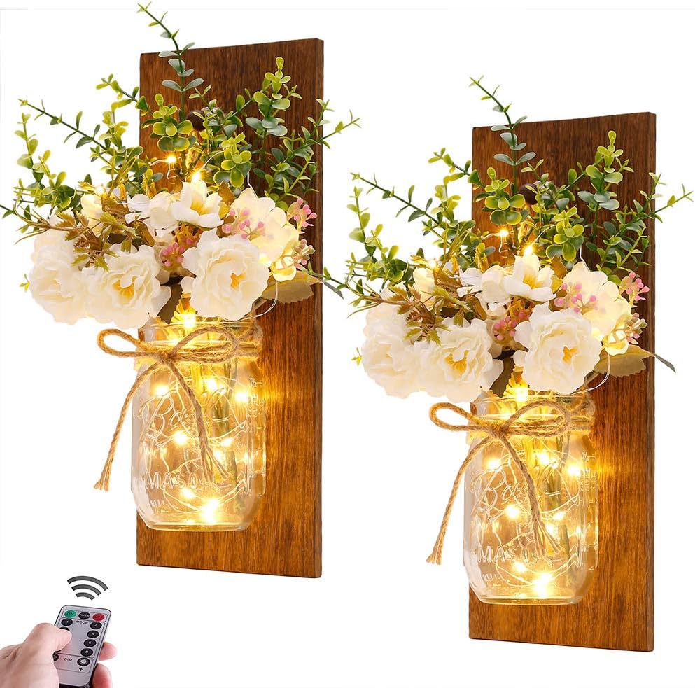 Rustic Wall Sconces Mason Jar Sconces Handmade Wall Art Hanging Design with Remote Control LED Fairy Lights and White Peony,Christmas Decor Gift Farmhouse Wall Home Decor Living Room Lights Set of Two (One Size)
