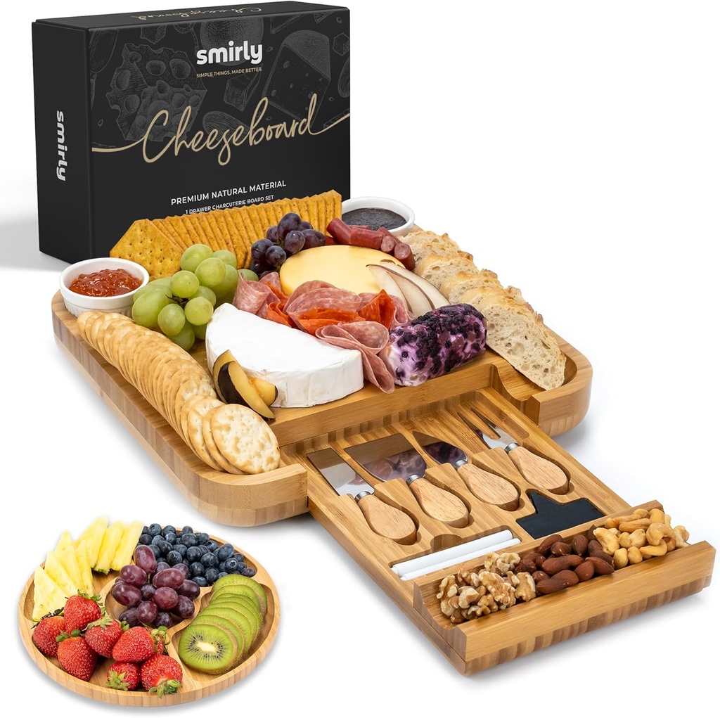 SMIRLY Charcuterie Large Bamboo Cheese Board Set for Serving - House Warming Gifts for New Home, Wedding, Bridal Shower & Birthday, for Women (One Size)