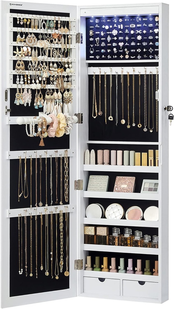 SONGMICS 6 LEDs Mirror Jewelry Cabinet, 47.2-Inch Tall Lockable Wall or Door Mounted Jewelry Armoire Organizer with Mirror, 2 Drawers, 3.9 x 14.6 x 47.2 Inches, White UJJC93W (One Size)