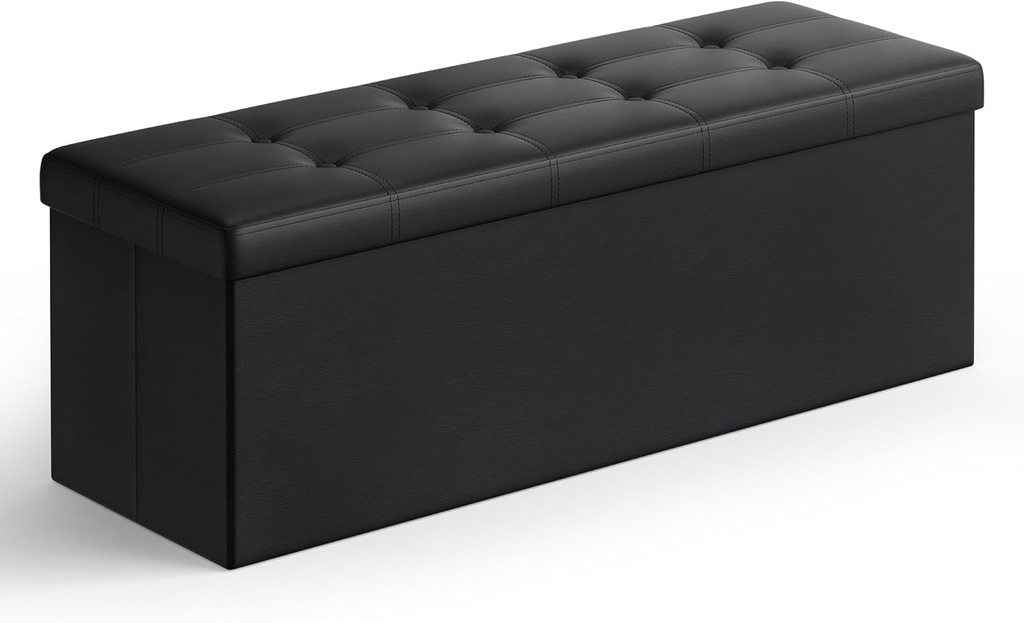 SONGMICS MAZIE Collection - 43 Inches Folding Storage Ottoman Bench, Ottoman with Storage, Foot Rest Stool, Load 660 lb, for Living Room, Synthetic Leather, Black ULSF701 (One Size)