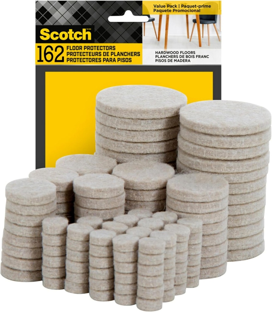 Scotch Felt Pads 162 PCS Beige, Felt Furniture Pads for Protecting Hardwood Floors, Round, Assorted Sizes Value Pack, Self-Stick design, Protecting from nicks, dents and scratches (SP845-NA) (One Size)
