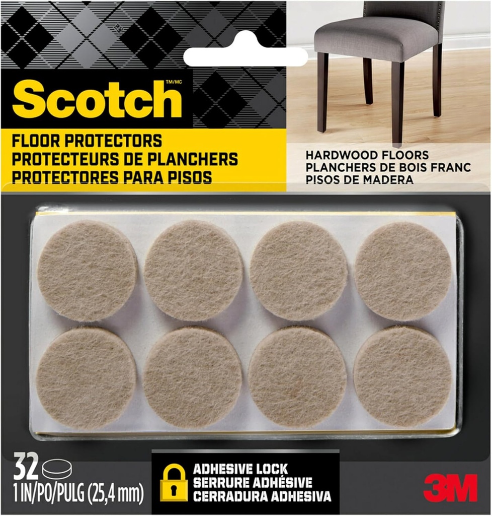 Scotch Felt Pads 32 PCS Beige, Felt Furniture Pads for Protecting Hardwood Floors, 1" Round, Easy-to-apply, Self-Stick design, Reliable protection from nicks, dents and scratches (SP802-NA) (One Size)