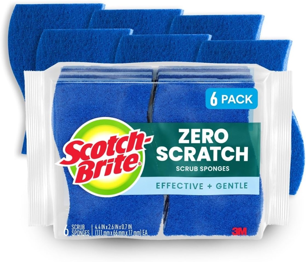 Scotch-Brite Zero Scratch Scrub Sponge, 6 Kitchen Sponges for Cleaning Around the Home, Bathroom & More, Scratch-free Dish Scrubber, Multi-surface Safe, Best for Nonstick Pots and Pans (One Size)