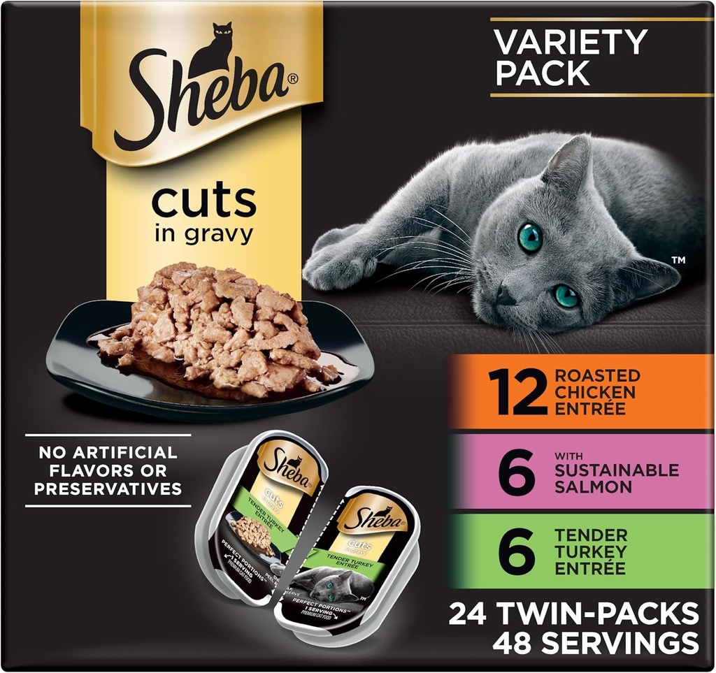 Sheba Perfect Portions Wet Cat Food Cuts in Gravy, Cat Food Wet Recipe, Roasted Chicken Entree, with Sustainable Salmon, Tender Turkey Entree, 2.6 oz. Twin-Pack Trays (24 Count, 48 Servings) (One Size)