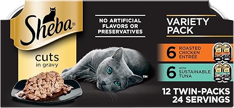 Sheba Perfect Portions Wet Cat Food Cuts in Gravy, Roasted Chicken Entree and with Sustainable Tuna, 2.6 oz. Twin-Pack Trays (12 Count, 24 Servings) (One Size)