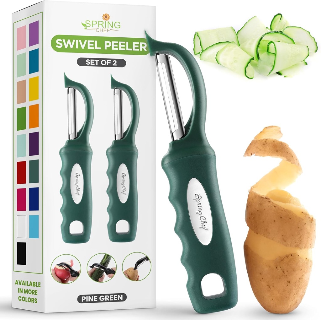 Spring Chef Premium Swivel Vegetable Peelers for Kitchen, Stainless Steel Apple Peelers with Soft Grip Handle and Sharp Blades, Perfect for Potato, Carrot, Mango, Cucumber - Set of 2 - Pine Green (One Size)