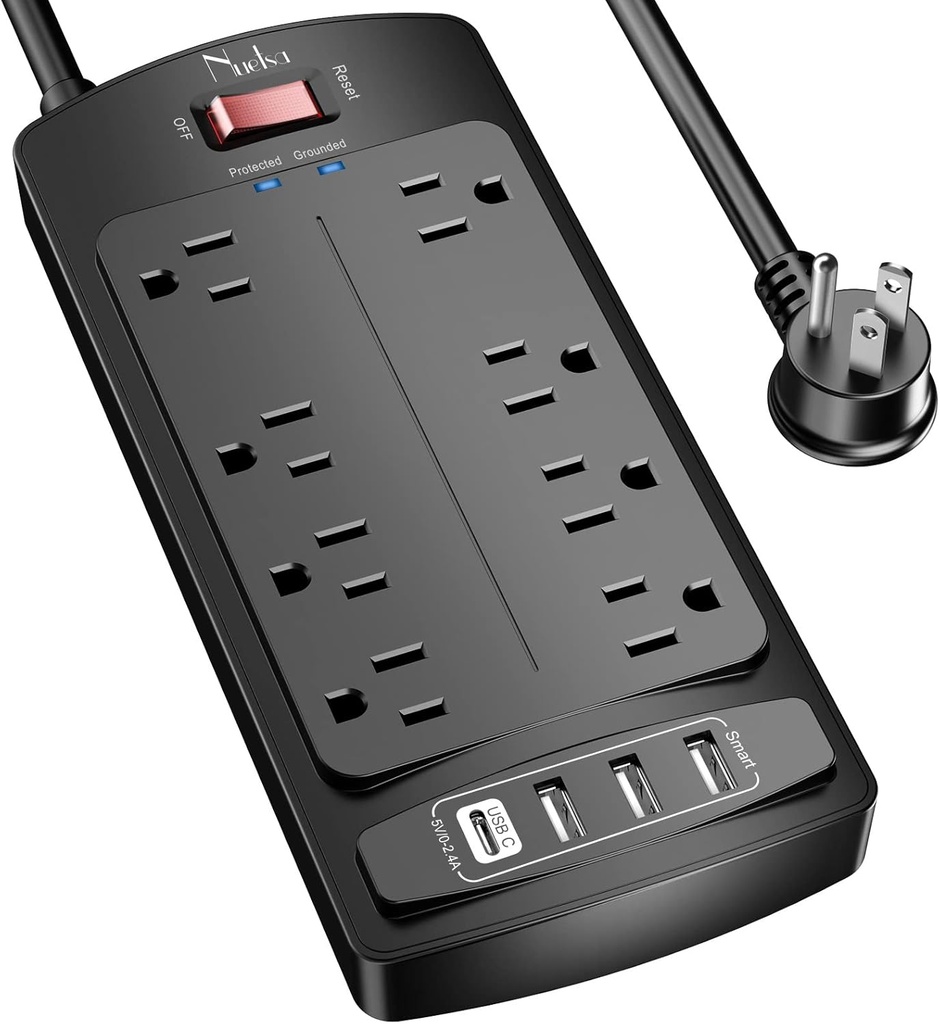 Surge Protector Power Strip - Nuetsa Flat Plug Extension Cord with 8 Outlets and 4 USB Ports, 6 Feet Power Cord (1625W/13A), 2700 Joules, ETL Listed, Black (One Size)