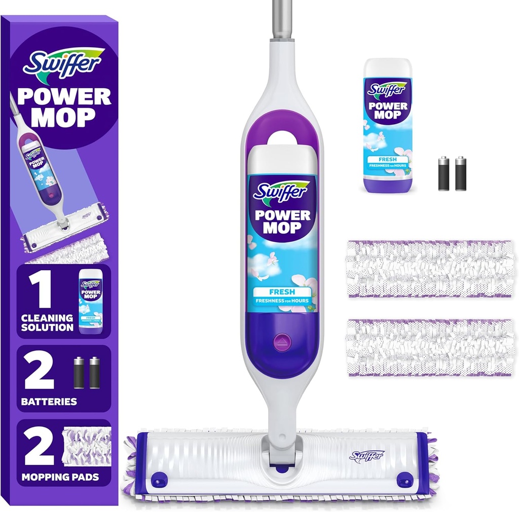 Swiffer PowerMop Mopping Kit for Floor Cleaning, Set Includes 1 Power Mop, 2 Replacement Pads, 1 Liquid Solution Refill, 2 Batteries, No Bucket Needed Electric Spray Cleaner, Multi-Surface and Wood (One Size)