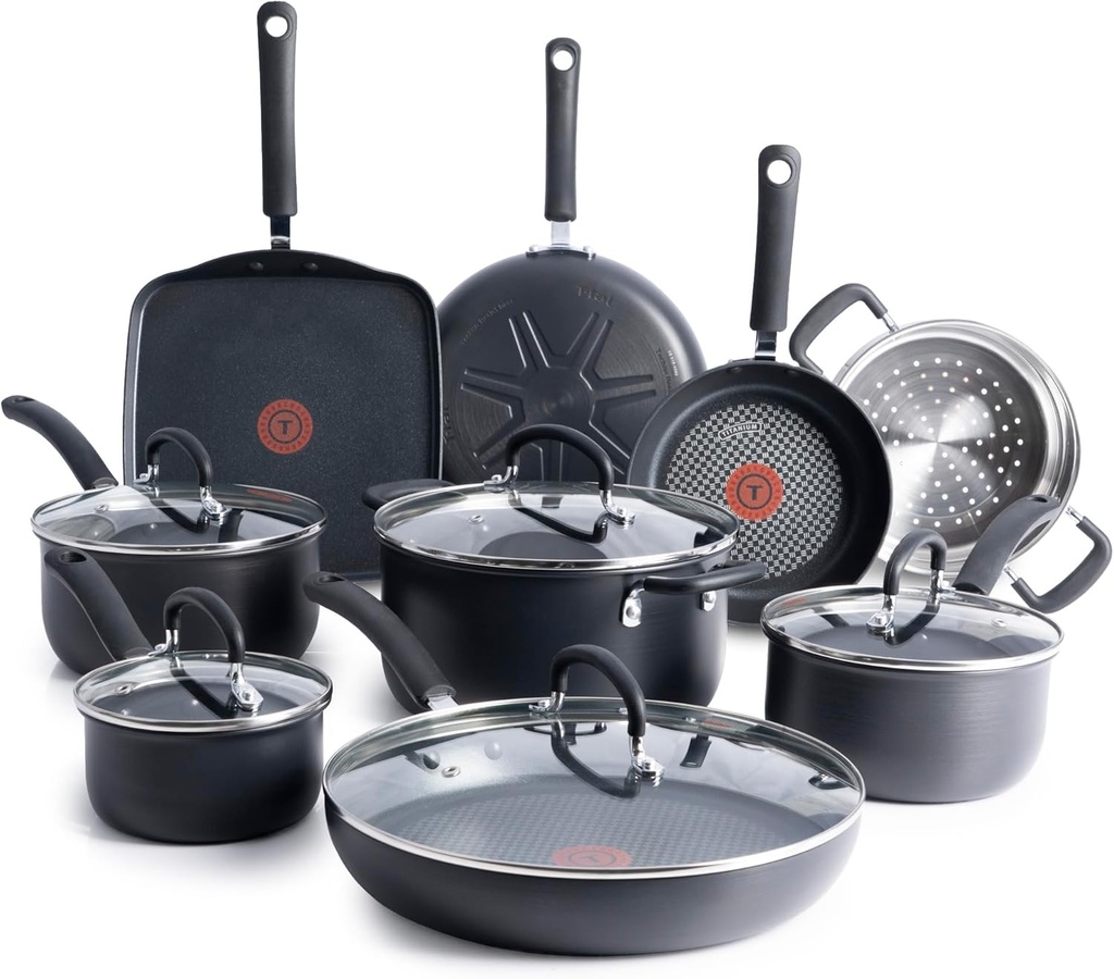 T-fal Ultimate Hard Anodized Nonstick Cookware Set 14 Piece, Oven Broiler Safe 400F, Lid Safe 350F, Kitchen Cooking Set w/Fry Pans, Saucepans, Griddle, Dutch Oven, Pots & Pans, Dishwasher Safe, Black (One Size)