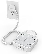 TESSAN Surge Protector Flat Extension Cord 5Ft, Flat Plug Power Strip with 4 Outlets 3 USB Ports (1 USB C), 900 Joules Protection, Multiple Wall Outlet Extender Suitable for Home Office Dorm, Grey (One Size)