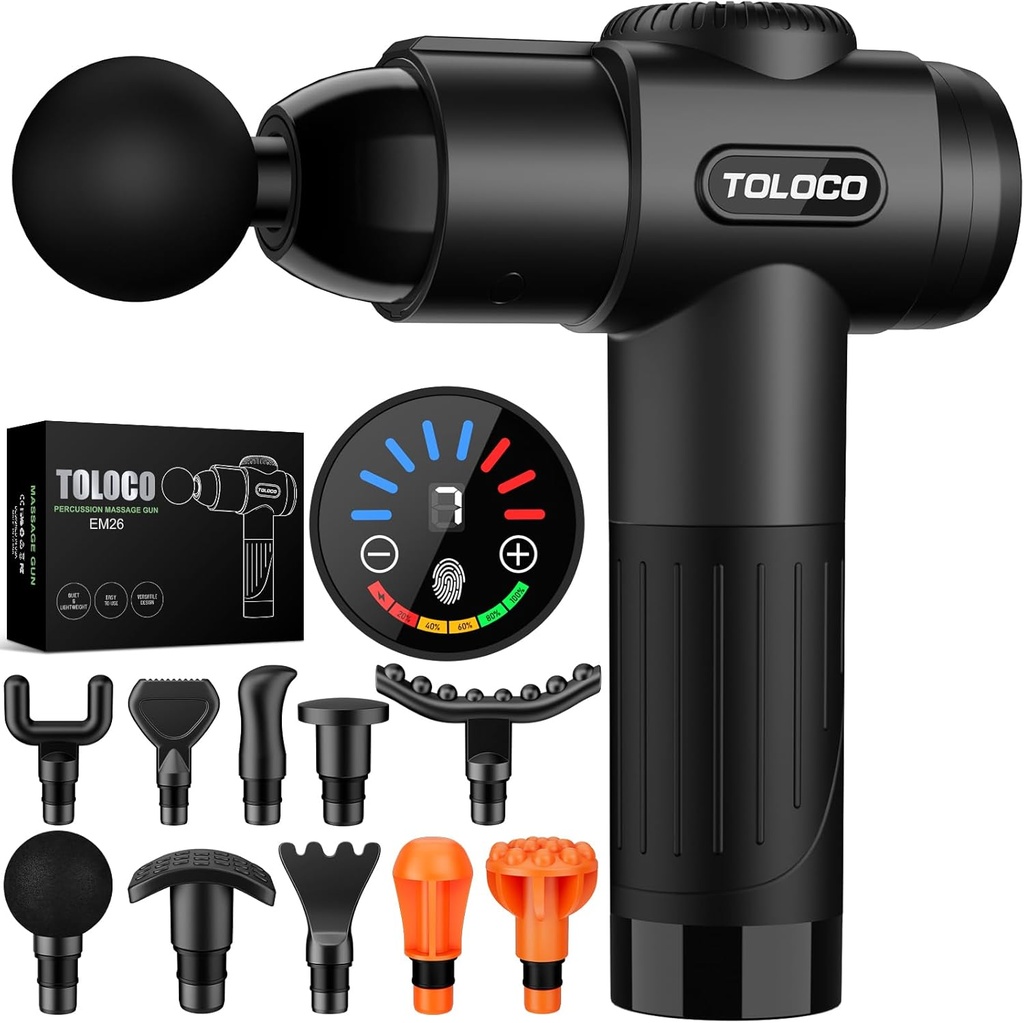 TOLOCO Massage Gun, Deep Tissue Back Massage for Athletes for Pain Relief, Percussion Massager with 10 Massages Heads & Silent Brushless Motor, Mothers Day Gifts, Black (One Size)