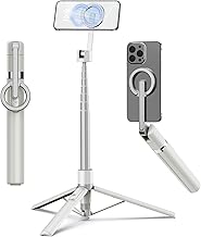 TONEOF 68" Magnetic Selfie Stick Tripod with Aluminum Strong Magnetic Holder for Magsafe, 360° Rotatable Travel Phone Tripod Stand with Metal Ring & Rechargeable Remote for iPhone/Android(Beige Gray) (One Size)