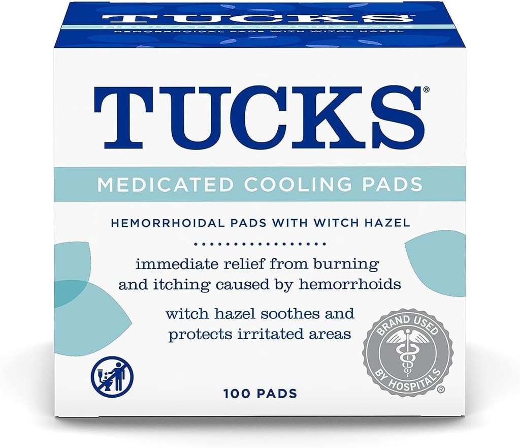TUCKS Medicated Cooling Pads, 100 Count – Hemorrhoid Pads with Witch Hazel, Cleanses Sensitive Areas, Protects from Irritation, Hemorrhoid Treatment, Medicated Pads Used by Hospitals