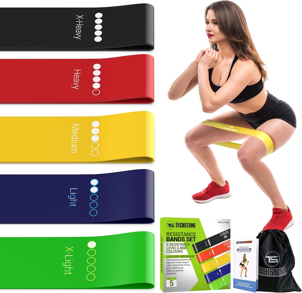 TechStone Resistance Bands Set for Men and Women, Pack of 5 Different Levels Elastic Band for Home Gym Long Exercise Workout – Great Fitness Equipment for Training, Yoga – Free Carrying Bag (One Size)