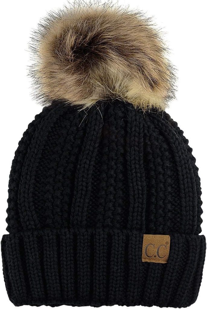 Thick Cable Knit Faux Fuzzy Fur Pom Fleece Lined Skull Cap Cuff Beanie (One Size)