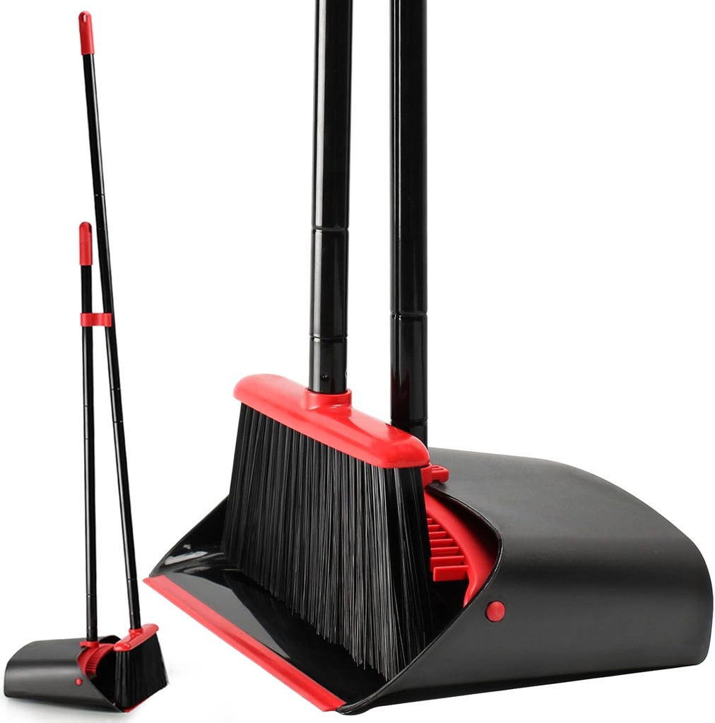 TreeLen Dust Pan and Broom/Dustpan Cleans Broom Combo with 52" Long Handle for Home Kitchen Room Office Lobby Floor Use Upright Stand Up Broom and Dustpan Set - Black/Red (One Size)