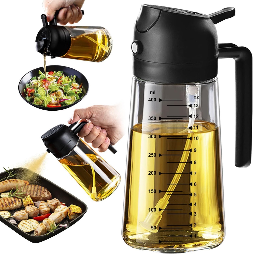 TrendPlain 16oz/470ml Glass Olive Oil Sprayer for Cooking – 2 in 1 Olive Oil Dispenser Bottle for Kitchen Gadgets and Air Fryer Accessories, Salad, BBQ - Black (One Size)
