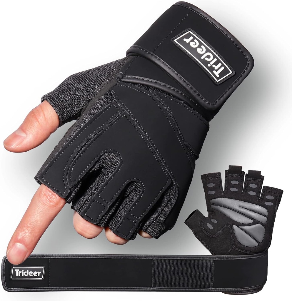 Trideer Workout Gloves for Men, Weight Lifting Gloves with Wrist Wrap Support, Full Palm Protection & Extra Grips for Weightlifting, Exercise, Cross Training, Fitness, Pull-up (One Size)