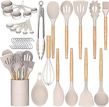 Umite Chef Kitchen Cooking Utensils Set, 33 pcs Non-Stick Silicone Cooking Kitchen Utensils Spatula Set with Holder, Wooden Handle Silicone Kitchen Gadgets Utensil Set (Khaki) (One Size)