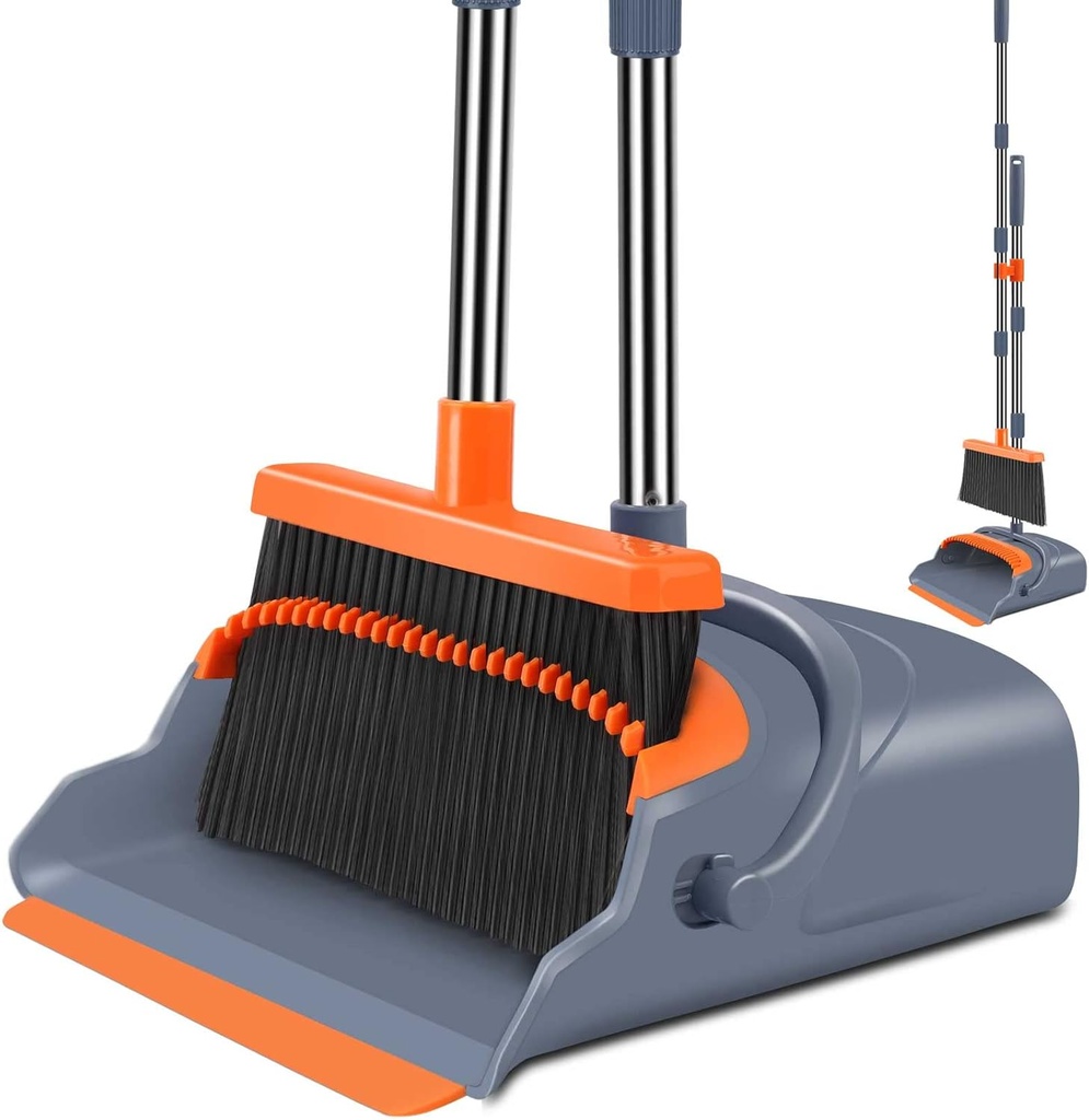 Upgrade Broom and Dustpan Set, Self-Cleaning with Dustpan Teeth, Indoor&Outdoor Sweeping, Ideal for Dog Cat Pets Home Use, Stand Up Broom and Dustpan (Gray&Orange) (One Size)