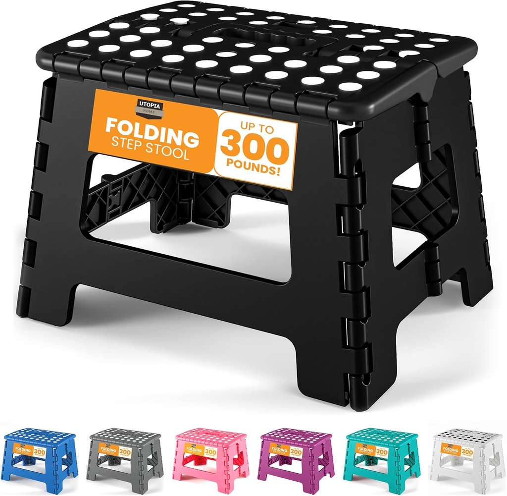 Utopia Home Folding Step Stool with Handle – 9 Inch Anti Slip Collapsible Stool – Holds Up to 300 lbs – Sturdy Plastic Step Stool Foldable for Kitchen, Bathroom and Home Use (1-Pack, Black) (One Size)