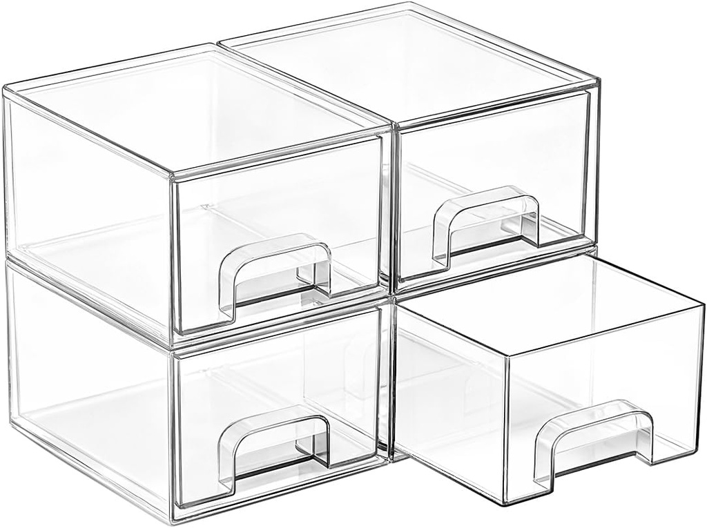 Vtopmart 4 Pack Small Clear Stackable Storage Drawers,Acrylic Bathroom Makeup Organizer,Plastic Storage Bins For Vanity, Undersink, Kitchen Cabinets, Pantry, Home Organization (One Size)
