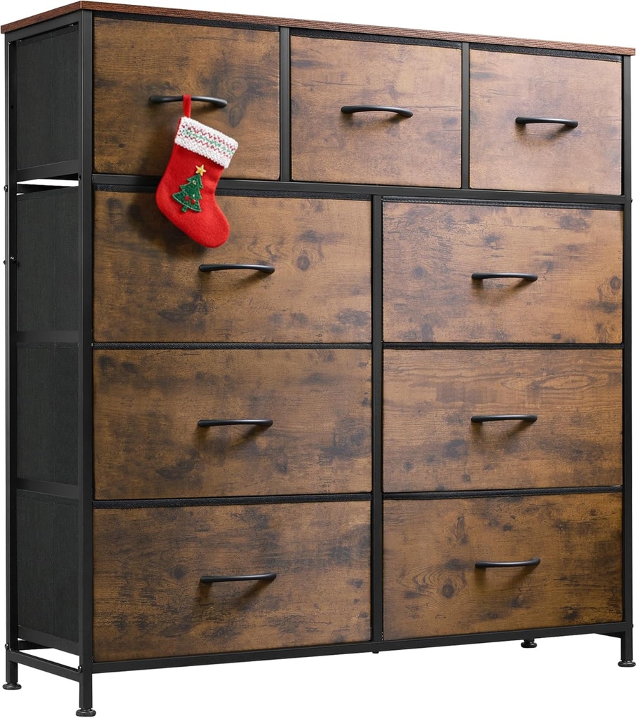WLIVE 9-Drawer Dresser, Fabric Storage Tower for Bedroom, Hallway, Entryway, Closet, Tall Chest Organizer Unit with Fabric Bins, Steel Frame, Wood Top, Easy Pull Handle, Rustic Brown Wood Grain Print (One Size)