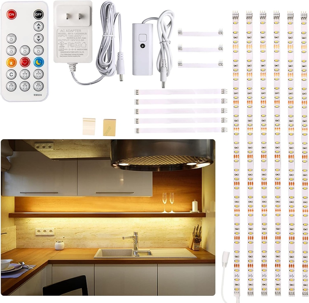 WOBANE Under Cabinet LED Lighting Kit, 6 PCS Dimmable LED Strip Lights with Remote Control Dimmer, 24W Adapter, Hidden 2700K Warm White Set, Bright 1500lm, Timing, Kitchen, Counter, Shelf, Showcase (One Size)