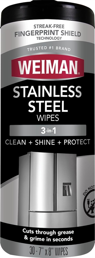 Weiman Stainless Steel Cleaner, 30 Count Wipes, Anti-Fingerprint, Removes Grease, Water Spots, Streaks & Residue, Polishing Cleaner Safe for Appliances, Chrome, Sinks & Grill Exteriors (One Size)