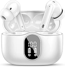 Wireless Earbuds, Bluetooth 5.4 Headphones Bass Stereo, Ear Buds with Noise Cancelling Mic, LED Display in Ear Earphones Clear Calls, IP7 Waterproof Bluetooth Earbuds for Phones/Sports/Laptop, White (One Size)