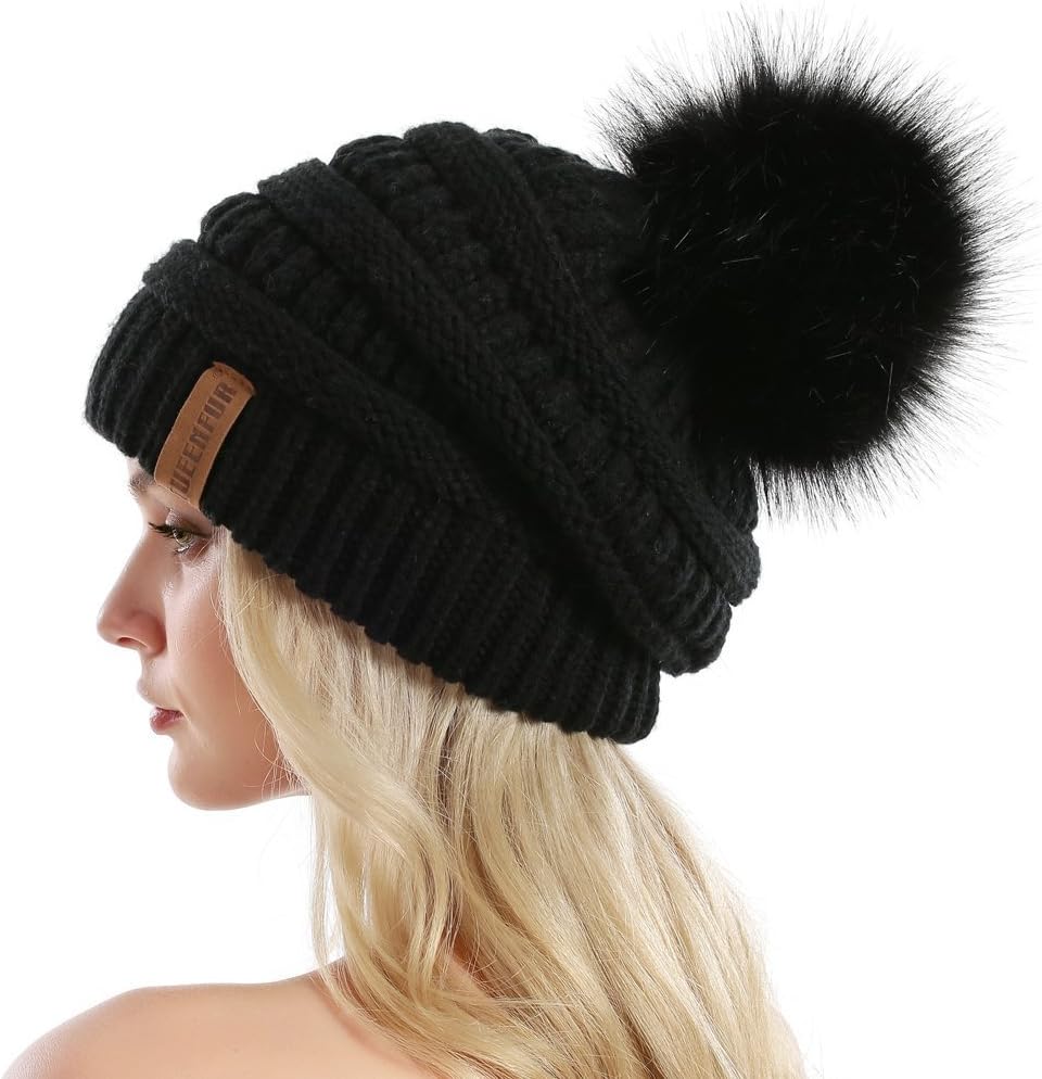 Women Knit Slouchy Beanie Chunky Baggy Hat with Faux Fur Pompom Winter Soft Warm Ski Cap (One Size)
