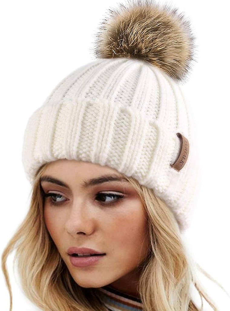 Womens Winter Knitted Beanie Hat with Faux Fur Pom Warm Knit Skull Cap Beanie for Women (One Size)