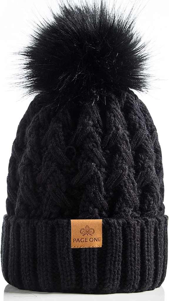 Womens Winter Ribbed Beanie Crossed Cap Chunky Cable Knit Pompom Soft Warm Hat (One Size)