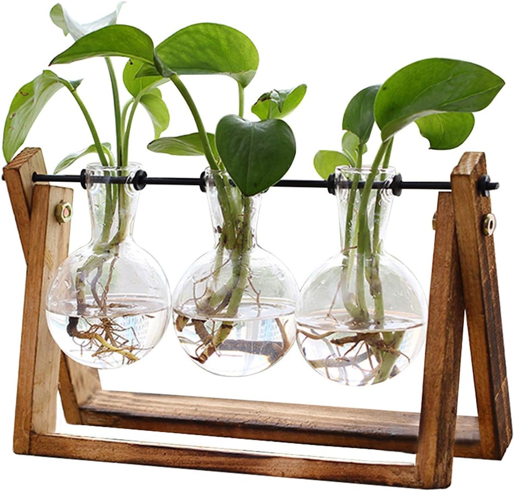 XXXFLOWER Plant Terrarium with Wooden Stand, Air Planter Bulb Glass Vase Metal Swivel Holder Retro Tabletop for Hydroponics Home Garden Office Decoration - 3 Bulb Vase (One Size)