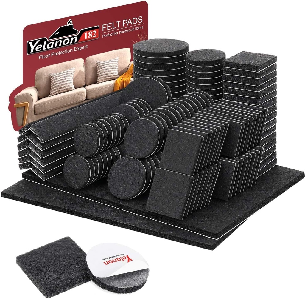 Yelanon Felt Furniture Pads -182 Pcs Premium Felt Pads for Chair Legs Furniture, Floor Protectors for Hardwood Floors, Black (One Size)