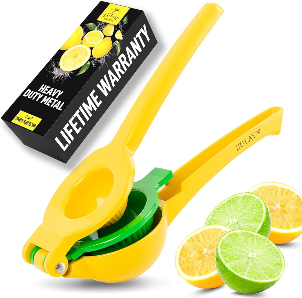 Zulay Kitchen Metal 2-in-1 Lemon Squeezer - Sturdy Max Extraction Hand Juicer Lemon Squeezer Gets Every Last Drop - Easy to Clean Manual Citrus Juicer - Easy-Use Lemon Juicer Squeezer - Yellow/Green (One Size)