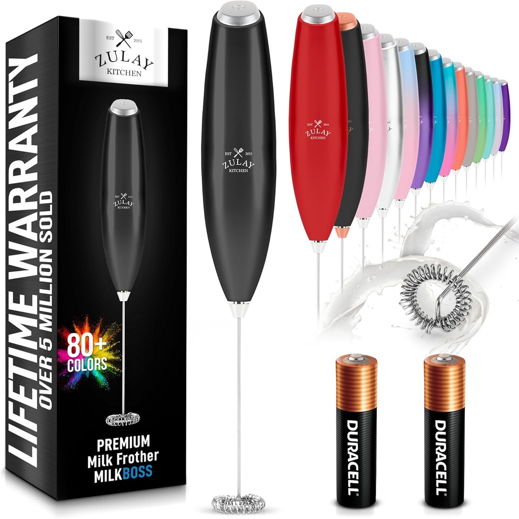 Zulay Kitchen Milk Frother Handheld Electric Whisk with AA Duracell Batteries – Durable Drink Mixer for Coffee, Lattes, Cappuccinos & More - Metallic Black (One Size)