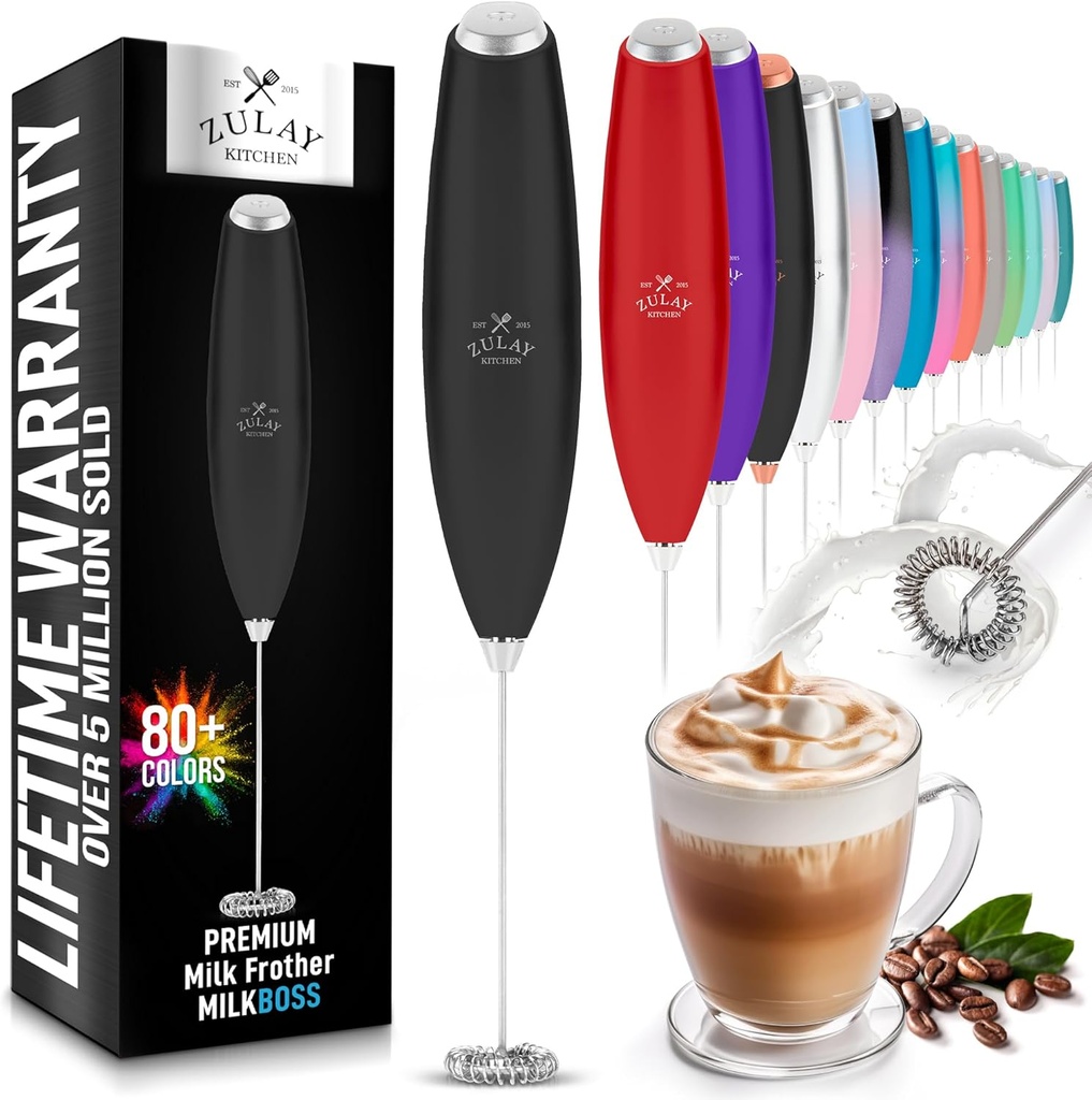 Zulay Kitchen Milk Frother Handheld Electric Whisk – Frother Wand, Durable Drink Mixer, Stainless Steel Whisk, Coffee Frother, Hand Blender, Frother for Protein Powder, Lattes, Matcha & More - Black (One Size)