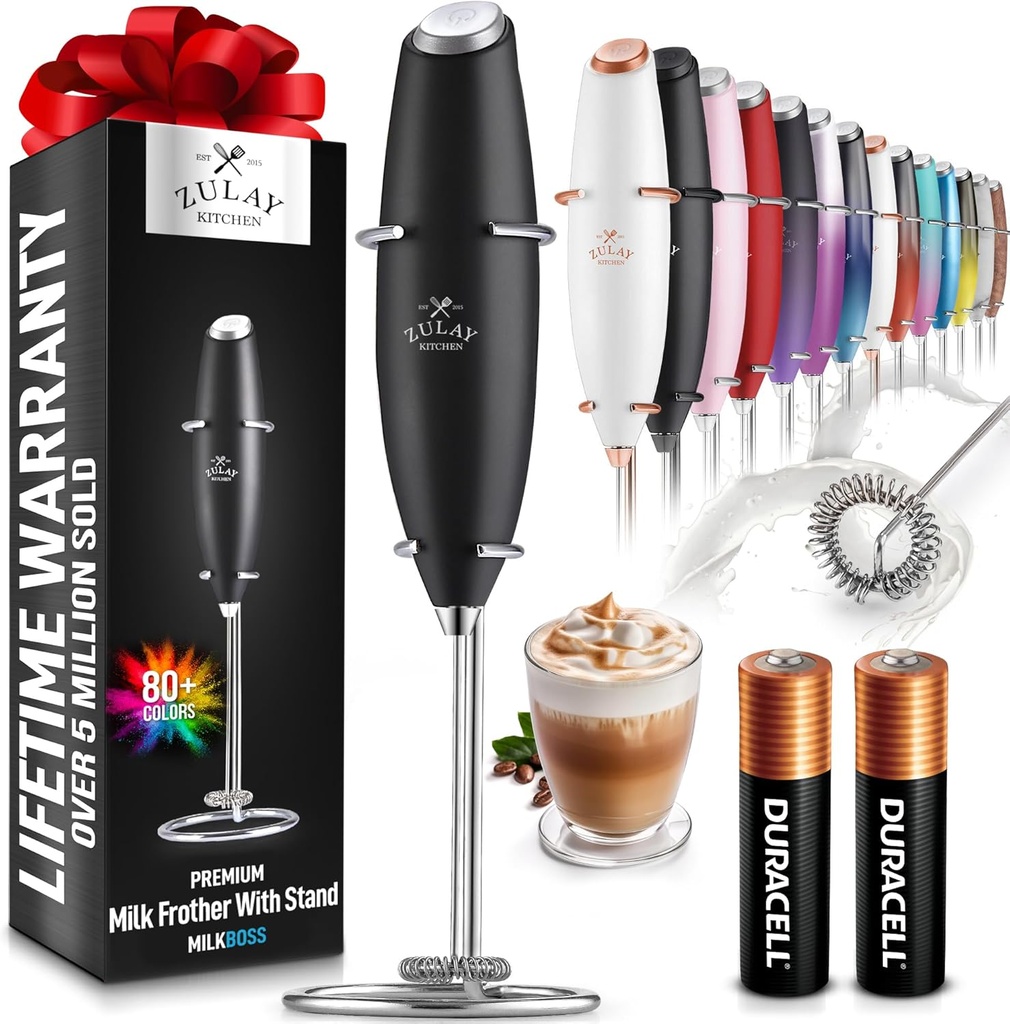 Zulay Kitchen Powerful Milk Frother Wand With 2 Duracell Batteries - Ultra Fast Handheld Drink Mixer - Electric Whisk Foam Maker for Coffee, Lattes, Cappuccino, Matcha, Hot Chocolate & Creamer - Black (One Size)